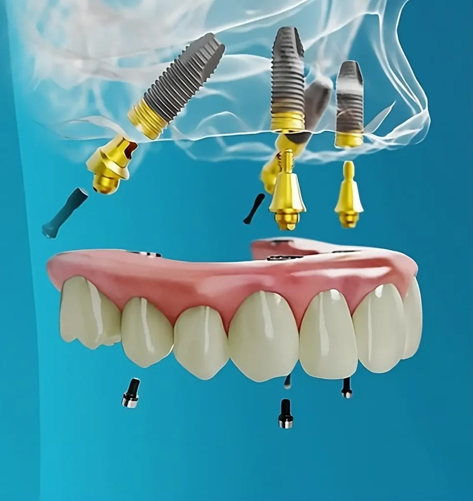 3D-Darstellung einer All-on-4®-Brücke mit Implantaten für den Oberkiefer